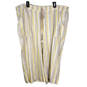 Land 'N Sea Cropped Pant 3X White Tan Yellow Pull On Drawstring Linen Blend Wide